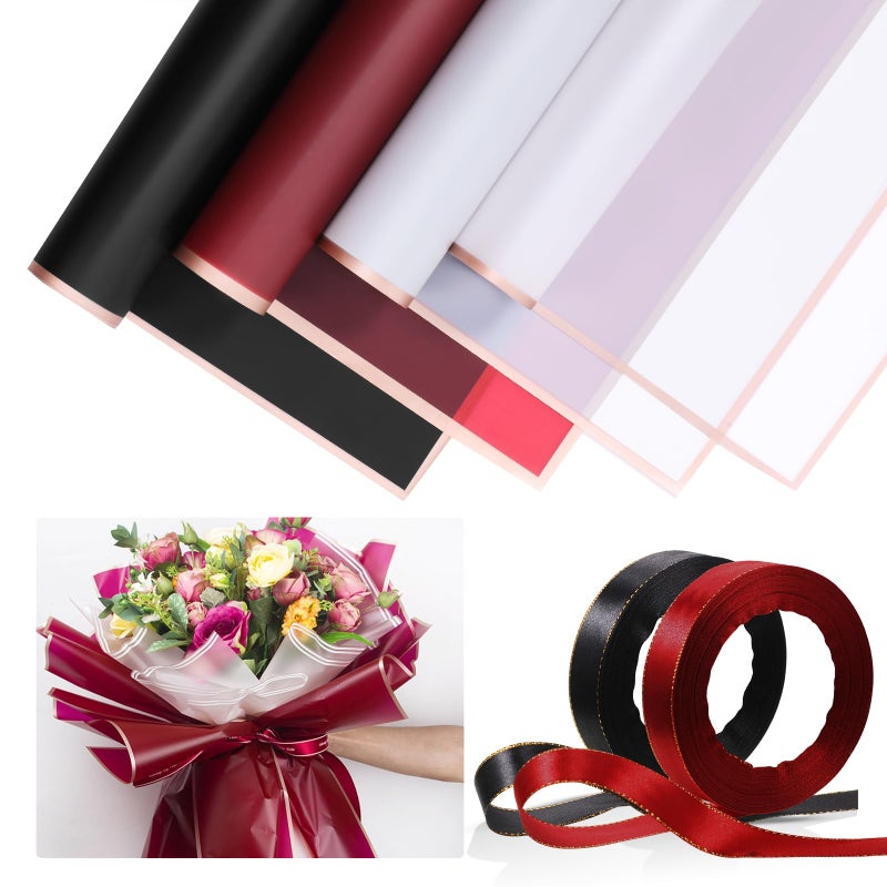Tenare 20 Pcs Waterproof Floral Wrapping Paper Sheet Flower Bouquet Packaging Paper and Satin Ribbon for Wedding Birthday Party Class of 2025 Graduation Gift DIYElegant Colors